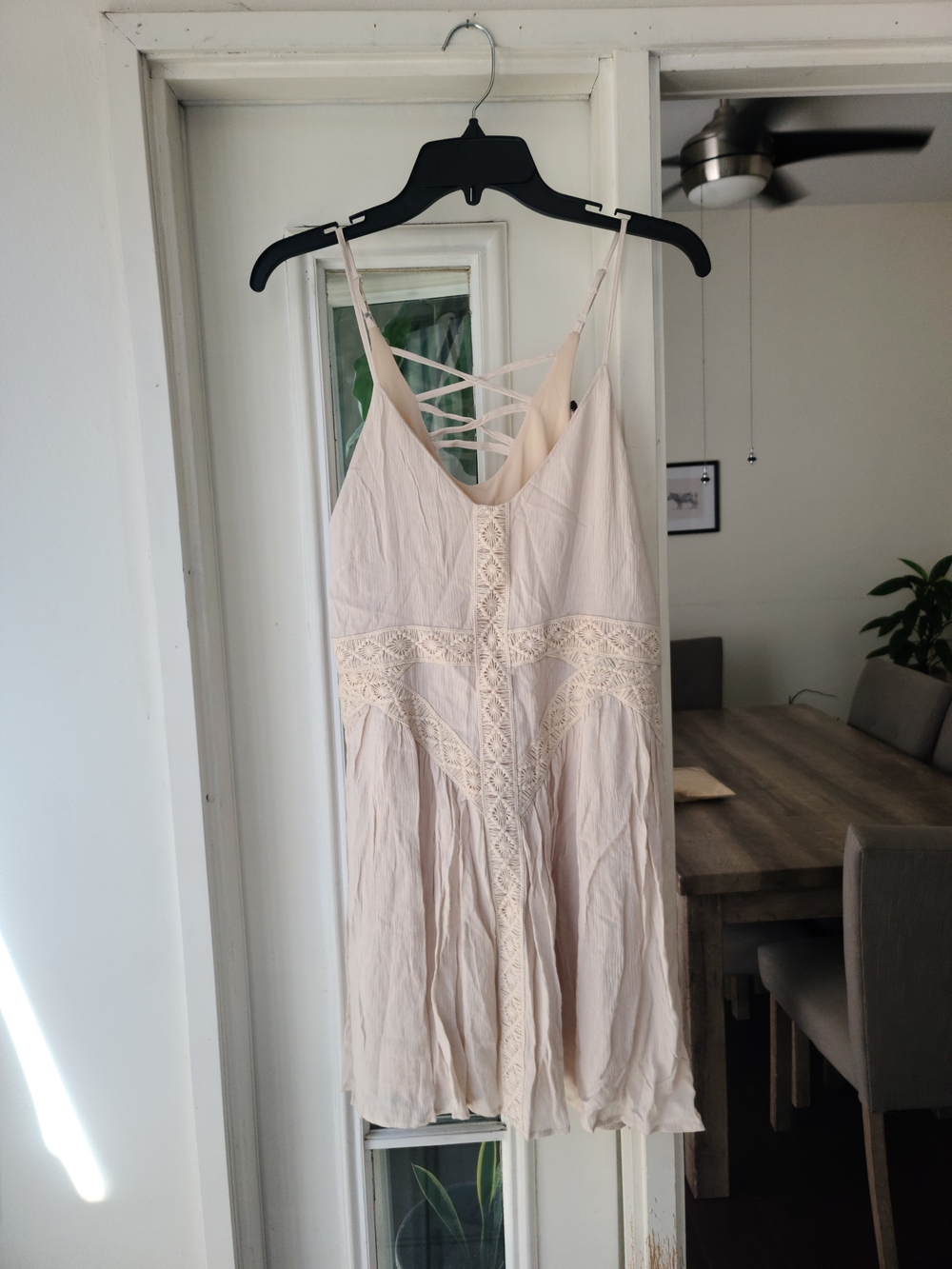 Lace-Panel Strappy Mini Dress in Light Beige